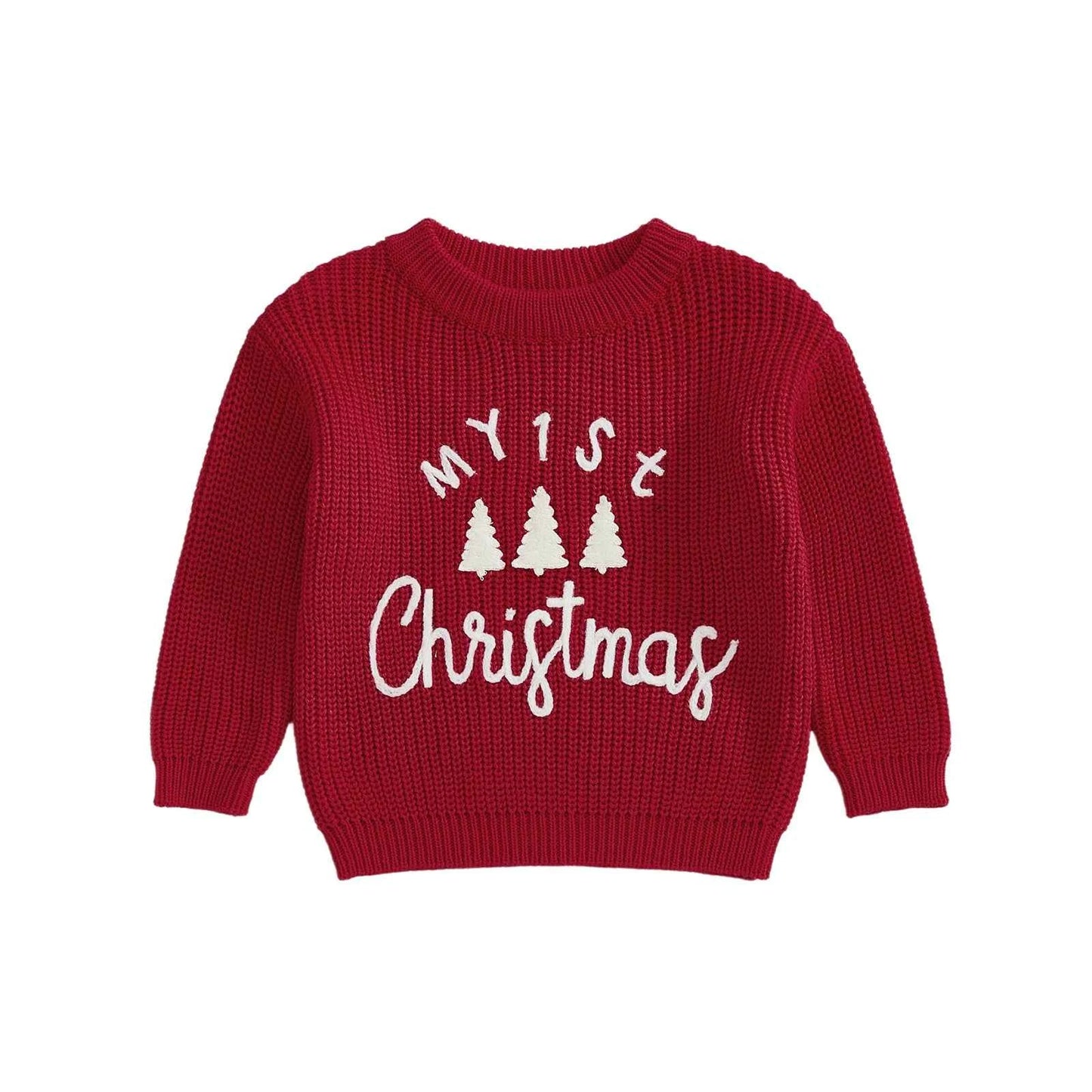 Toddler Baby Christmas Sweater – Long Sleeve Round Neck Letter & Tree Embroidered Top