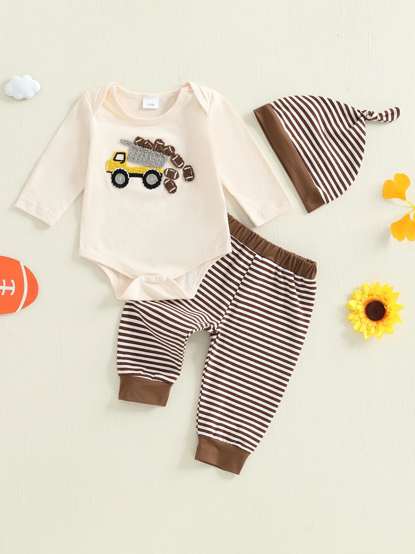 Toddler Boy Winter Outfit – Football Print Hooded Jacket with Striped Pants and Hat
