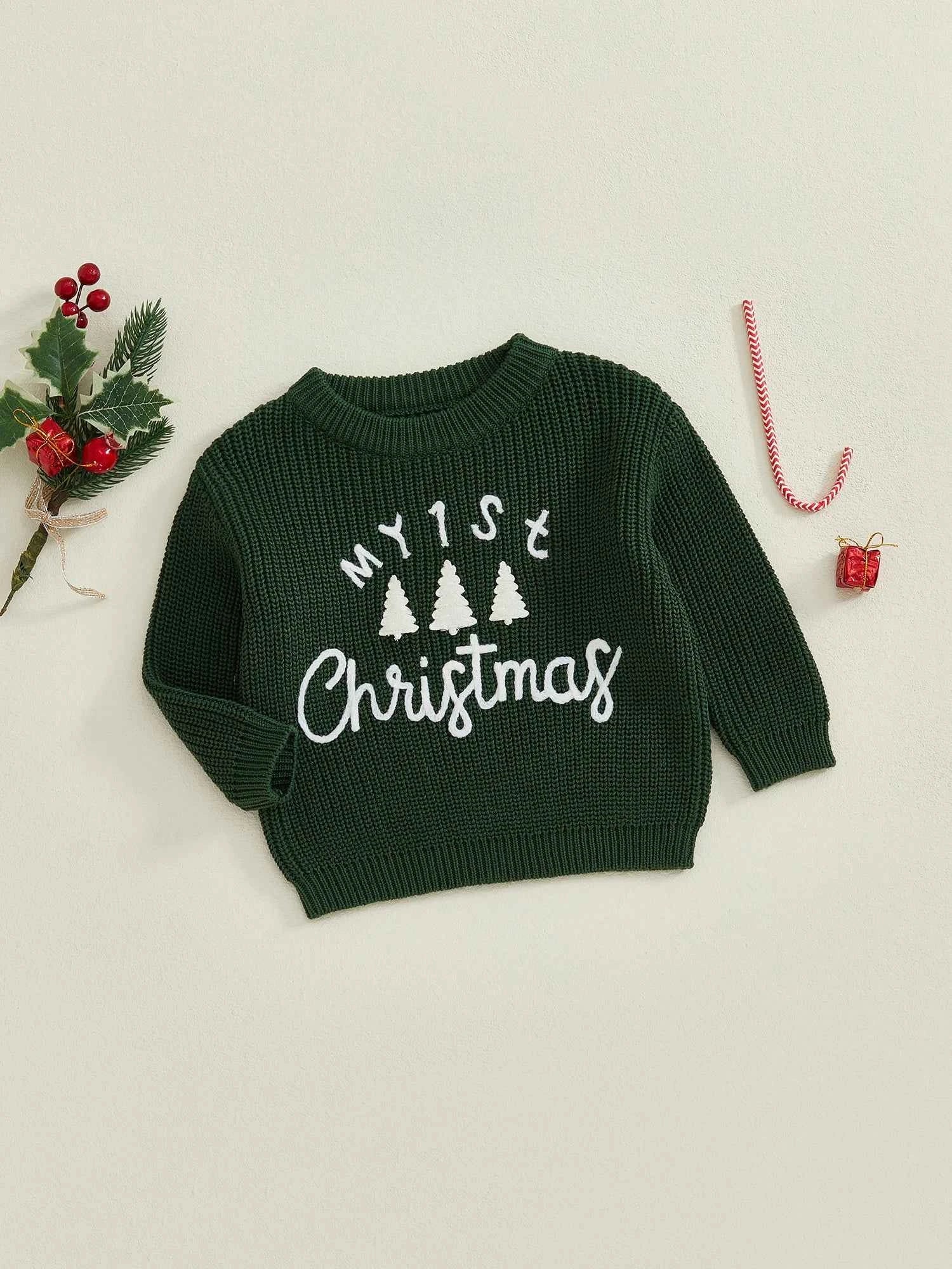 Toddler Baby Christmas Sweater – Long Sleeve Round Neck Letter & Tree Embroidered Top
