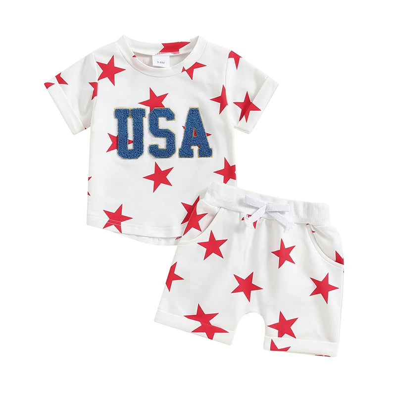 Baby Boy 4th of July Outfit Set – 3M-3Y Patriotic T-Shirt & Star Print Shorts