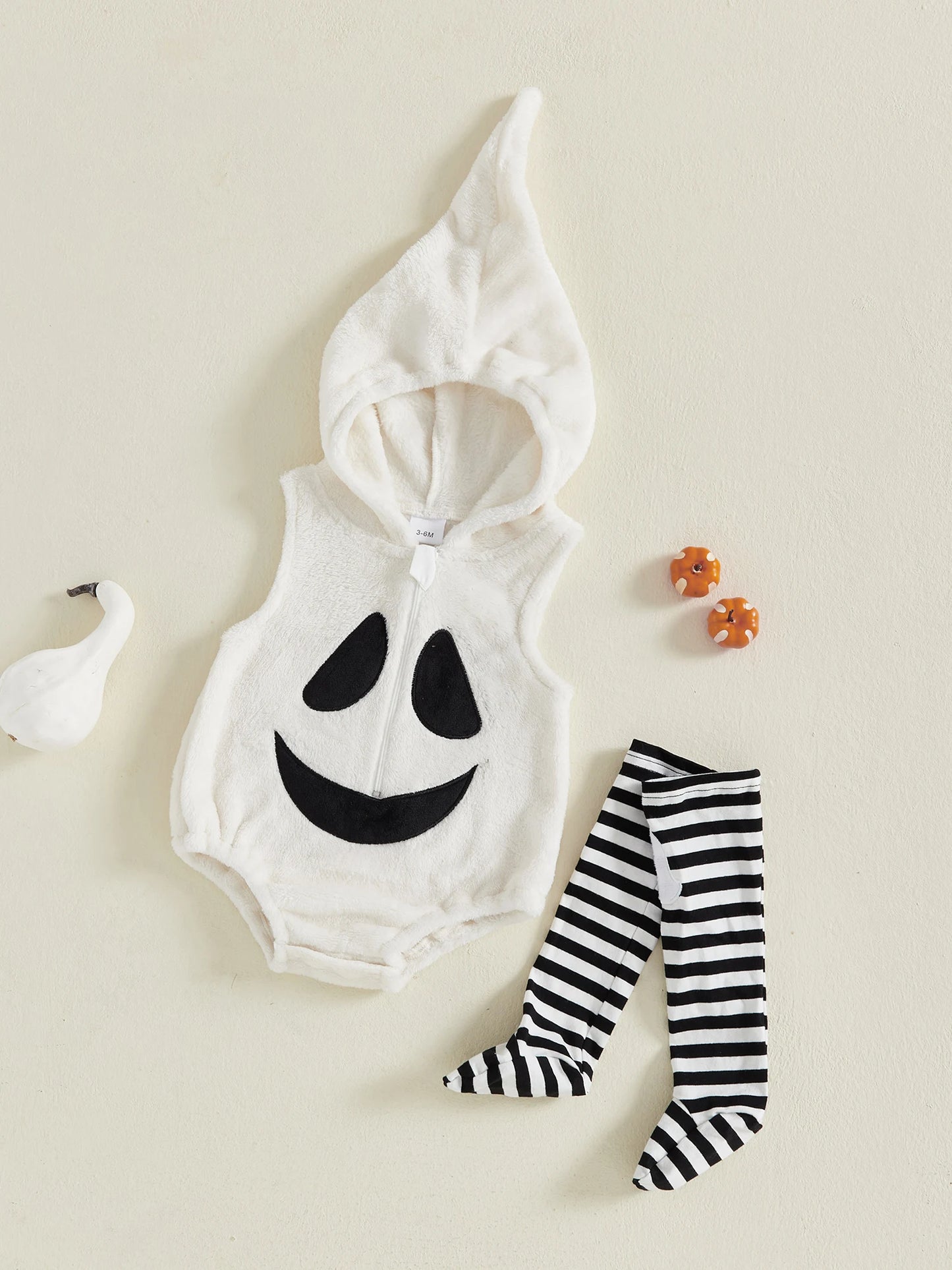 Toddler Halloween Costume – Hooded Ghost Romper with Striped Stockings Outfit