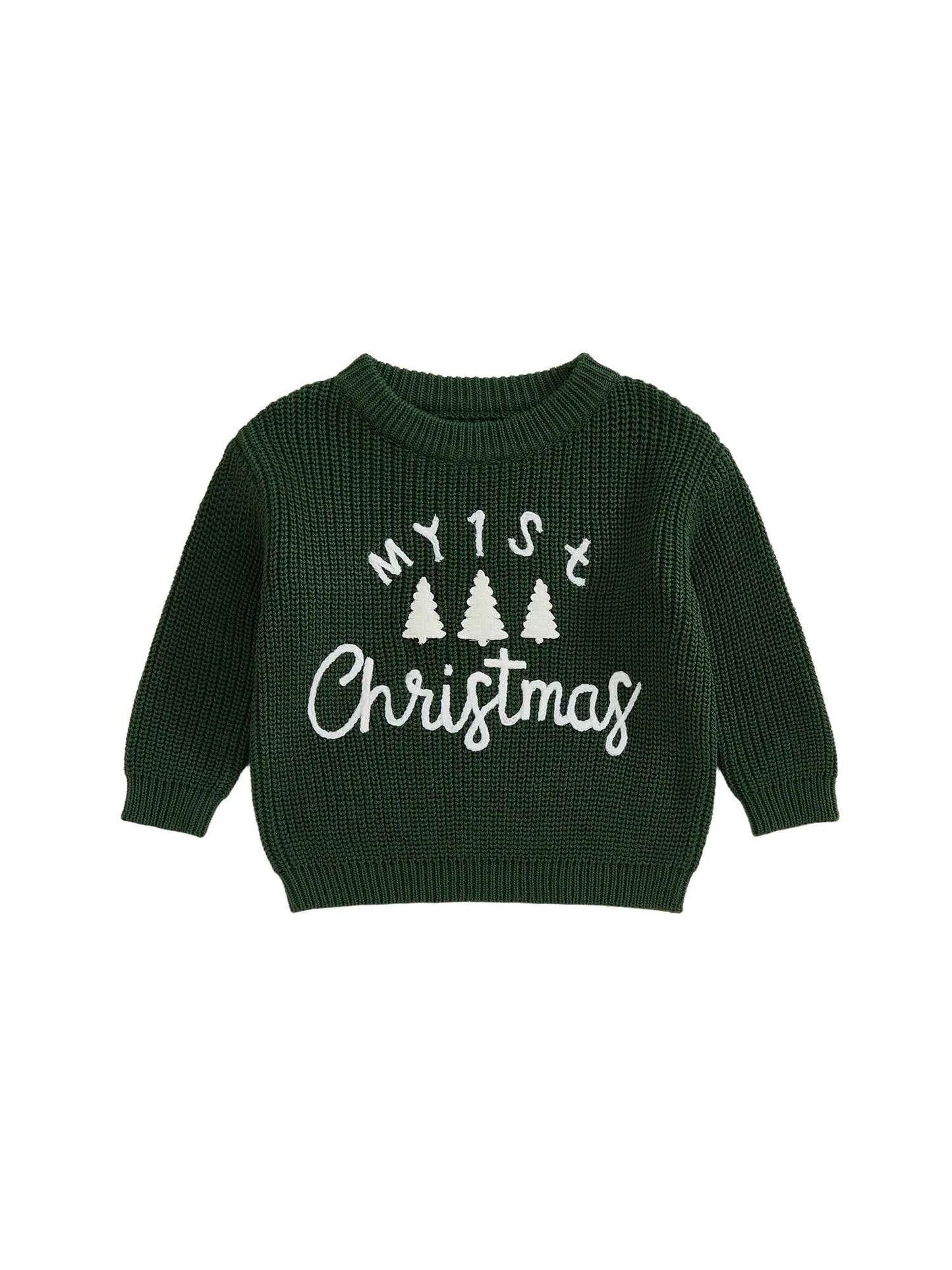 Toddler Baby Christmas Sweater – Long Sleeve Round Neck Letter & Tree Embroidered Top