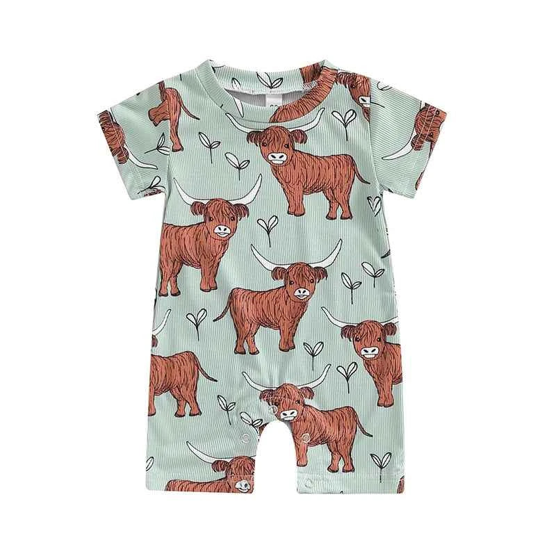 0–18M Baby Boys and Girls Western Jumpsuit, Short Sleeve Crew Neck Cow Print Summer Romper Casual Baby Outfit