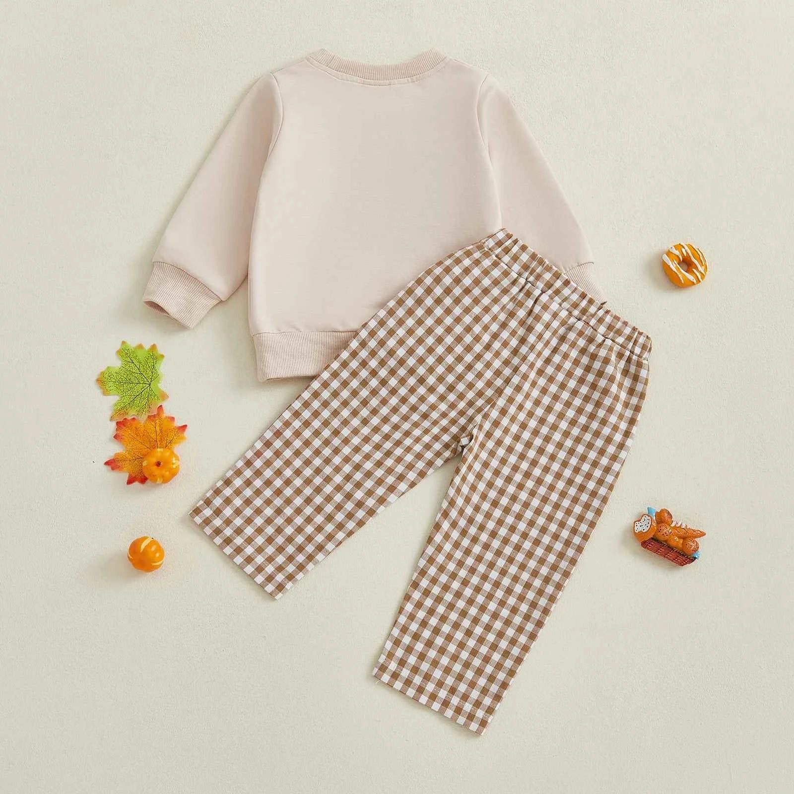 Thanksgiving Outfit – Pumpkin Turkey Sweatshirt & Plaid Elastic Waist Pants Set