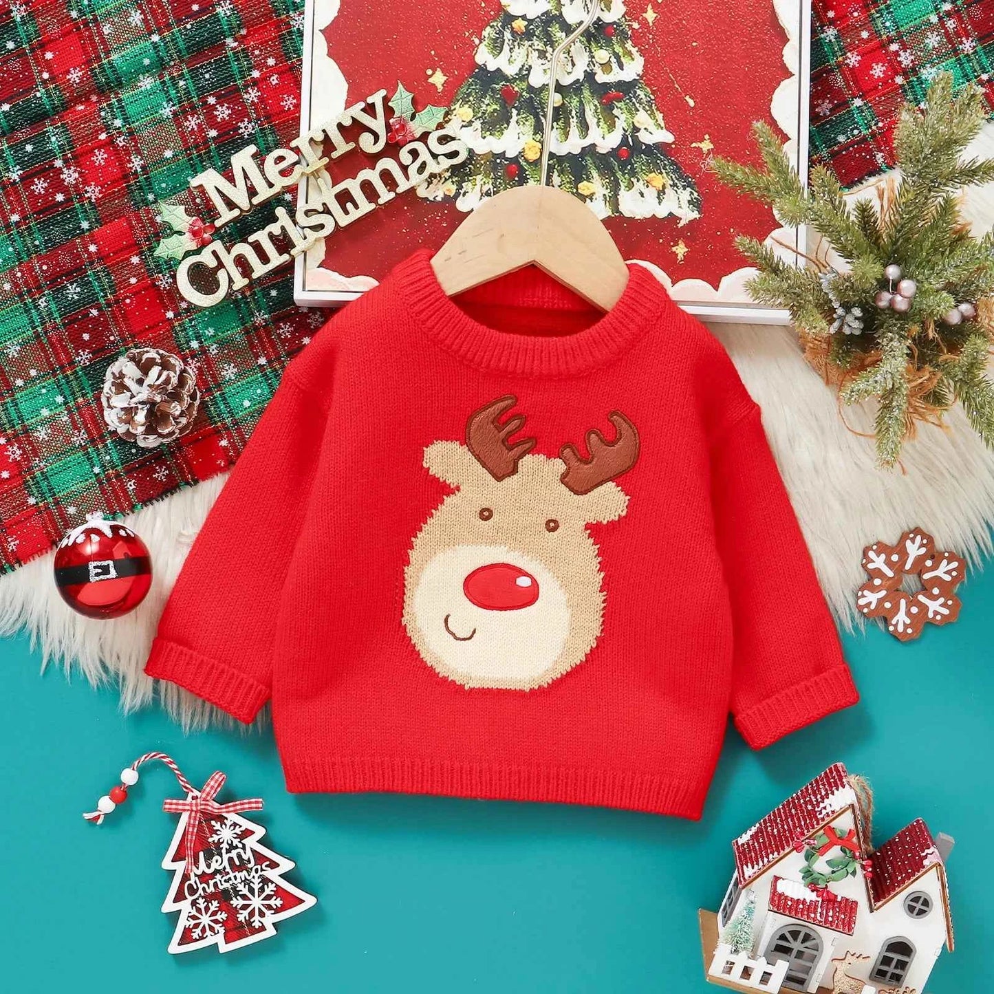 Kids Christmas Sweater – Long Sleeve Crew Neck Santa Claus & Elk Winter Sweater