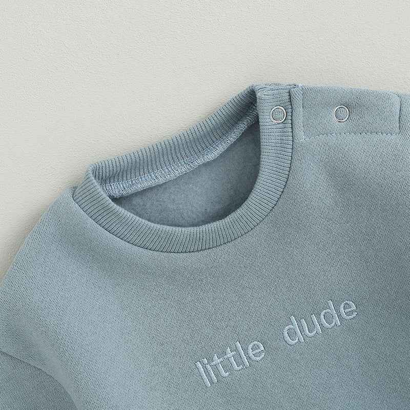 Baby Letter Embroidered "Little Dude" Jumpsuit – Long Sleeve Footless Romper (0–18M)