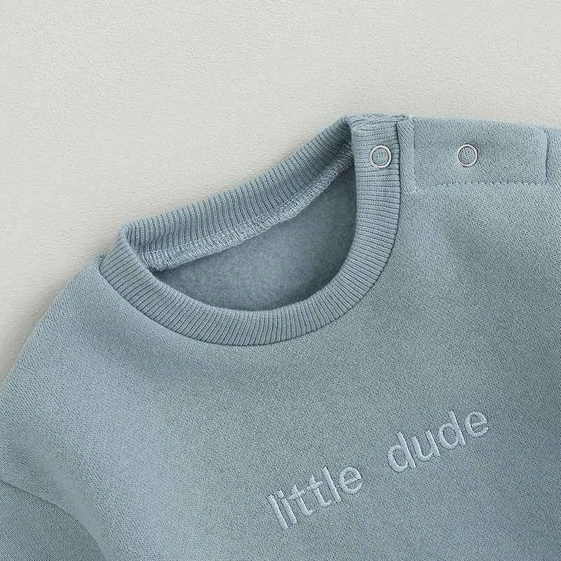 Baby Letter Embroidered "Little Dude" Jumpsuit – Long Sleeve Footless Romper (0–18M)