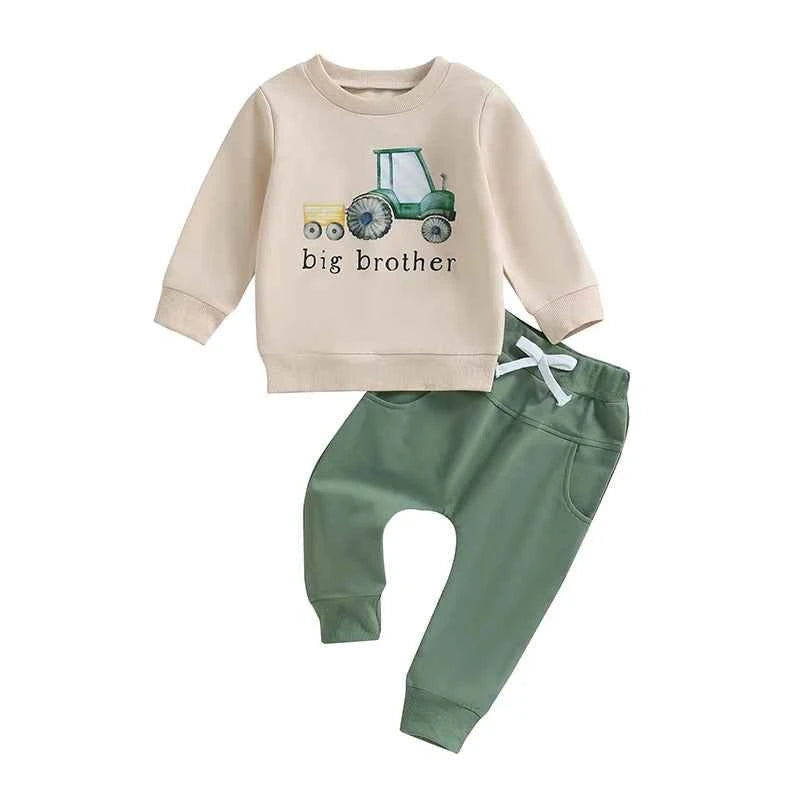 Boys 2PCS Outfit Set – Long Sleeve Letter Tractor Print Top and Solid Pants