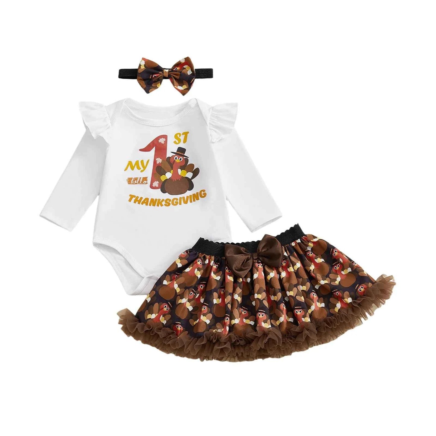 Baby Girl Thanksgiving Outfit 3Pcs Set – Long Sleeve Letter Romper, Turkey Print Skirt & Bow Headband