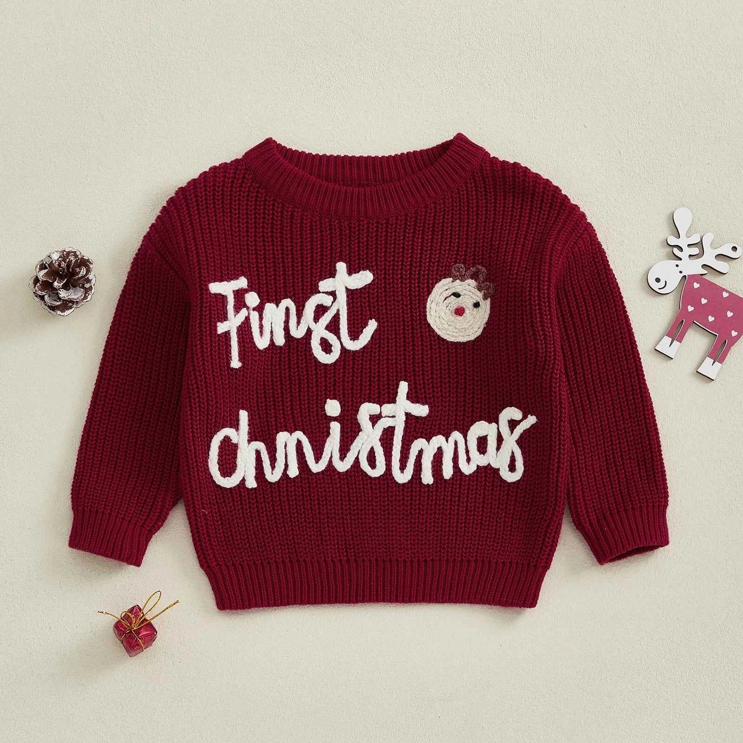 Infant Christmas Sweater – Long Sleeve Crew Neck Elk Letter Knit Pullover for Winter
