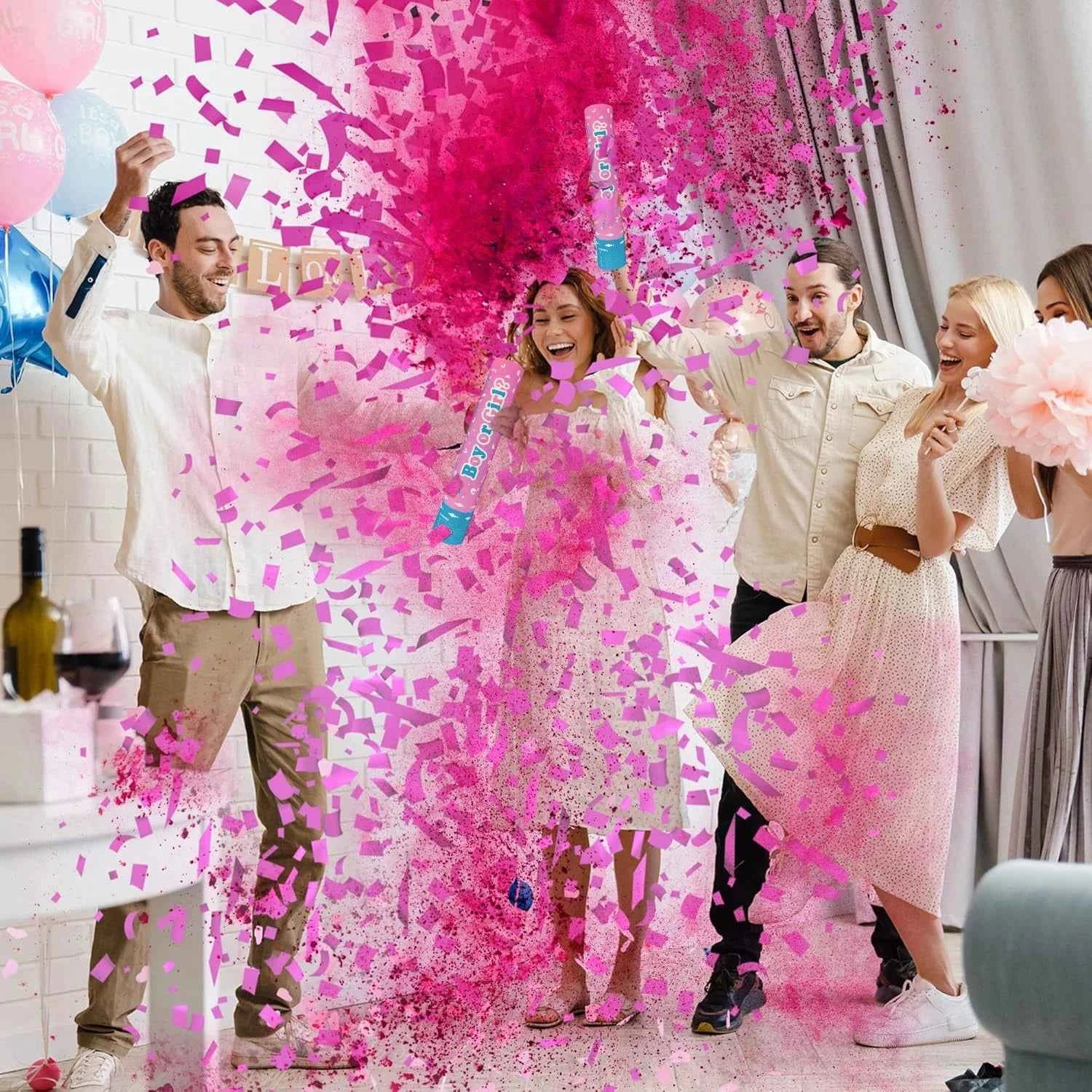 Gender Reveal Confetti & Powder Cannon Set – 4-Piece Handheld Pink or Blue Smoke Bombs Party Décor