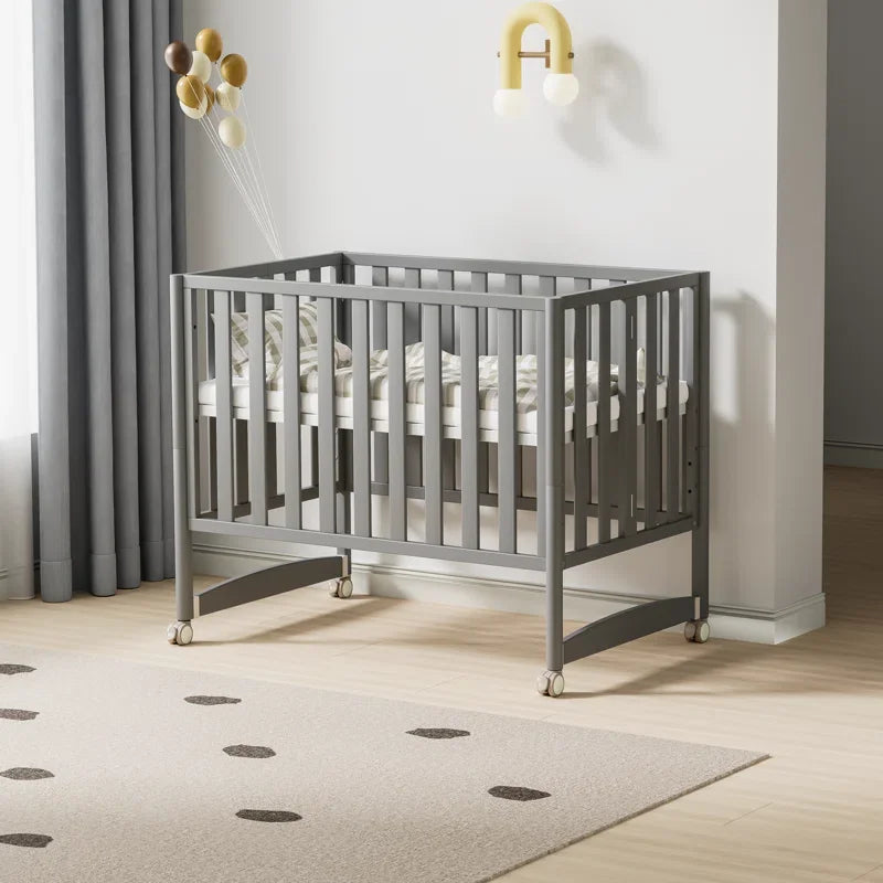 6-in-1 Convertible Mini Crib with Wheels – Foldable, Adjustable Height, Portable Baby Crib (Grey, New Zealand Pine)