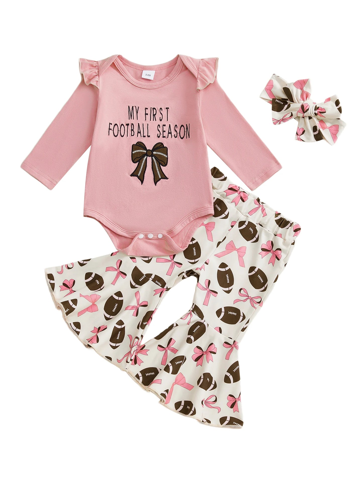 Baby Girls Fall Outfit – Football Print Long Sleeve Romper with Flared Pants and Headband 3-Piece Set