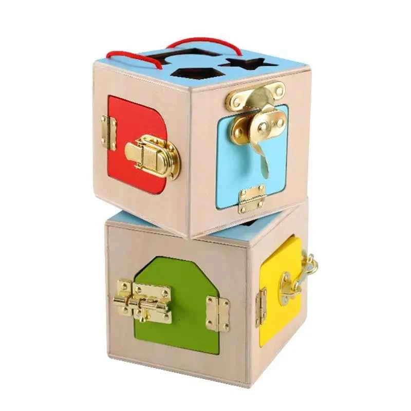 Wooden Geometry Lock Box Toy – Sensory Learning Activity Cube for Toddlers