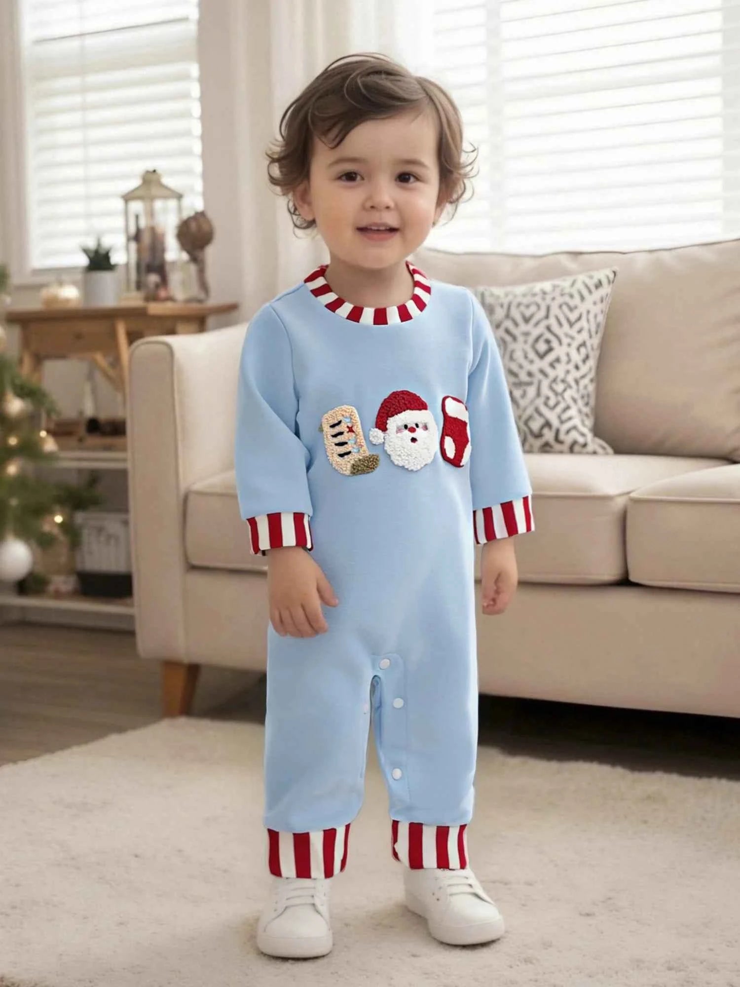 Baby Christmas Romper – Santa Embroidery Striped Long Sleeve Crew Neck Full-Length Jumpsuit