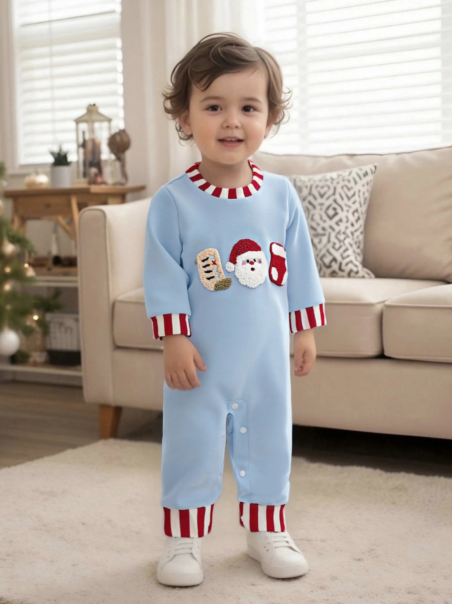 Baby Christmas Romper – Santa Embroidery Striped Long Sleeve Crew Neck Full-Length Jumpsuit