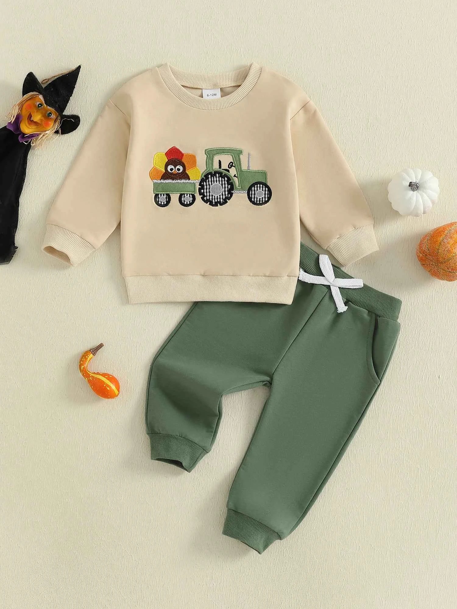 Pumpkin Turkey Tractor Embroidery Sweatshirt & Elastic Waist Pants Set