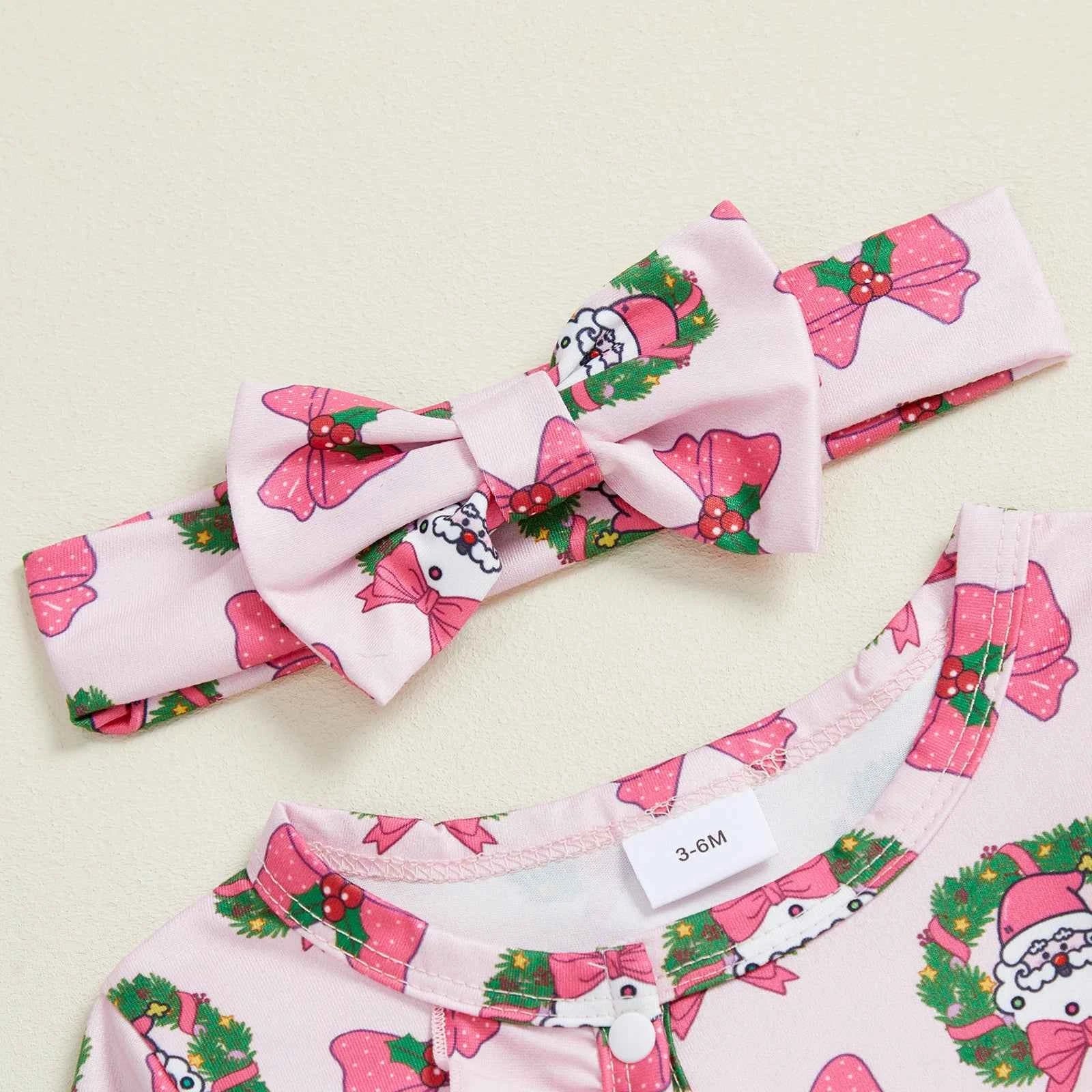 Christmas Outfit – Santa Claus Bow Print Long Sleeve Footed Romper with Matching Headband Set