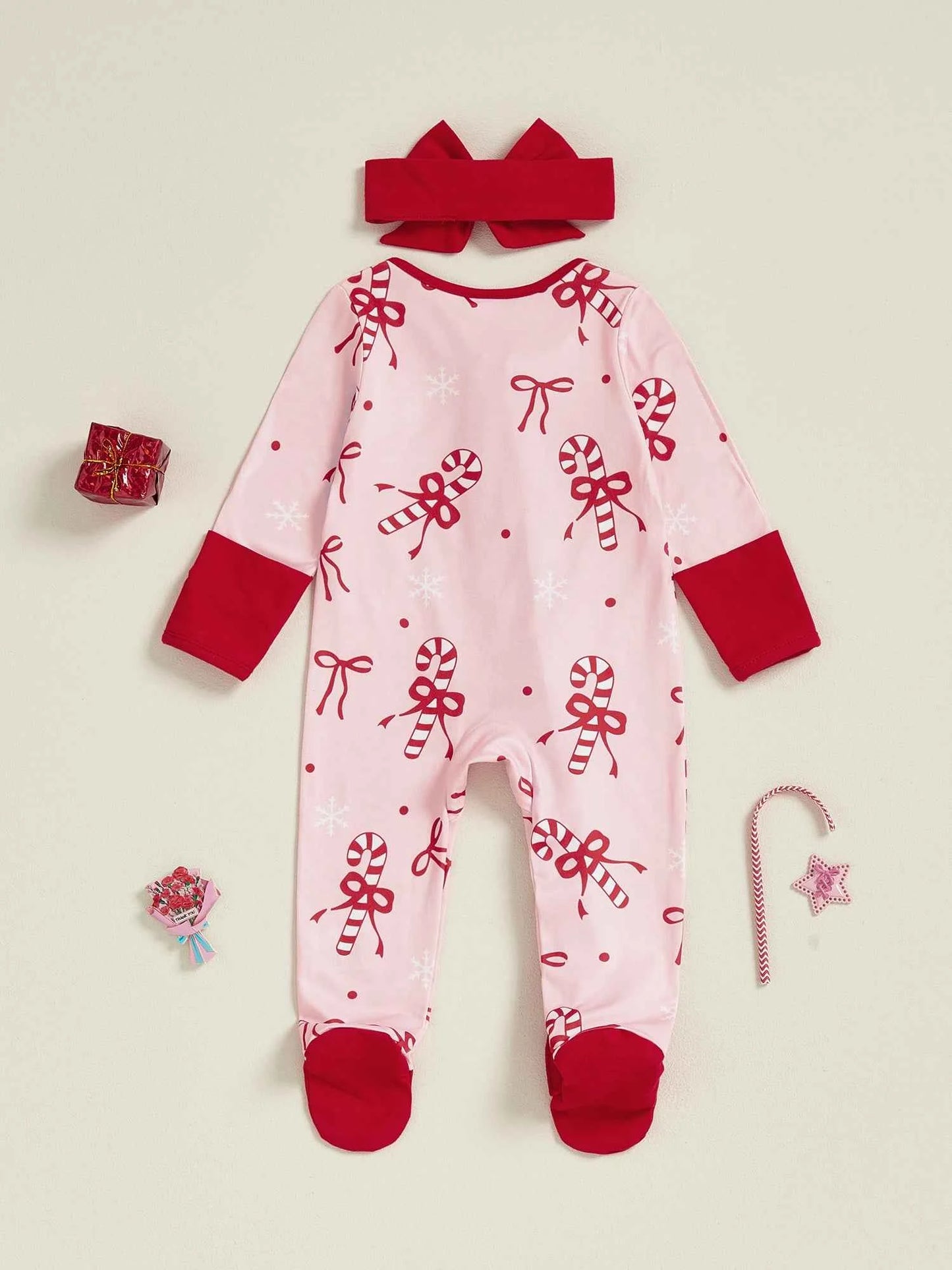 Newborn Baby Girl Christmas Romper – Bow Print Long Sleeve Zip-Up Footed Jumpsuit with Headband