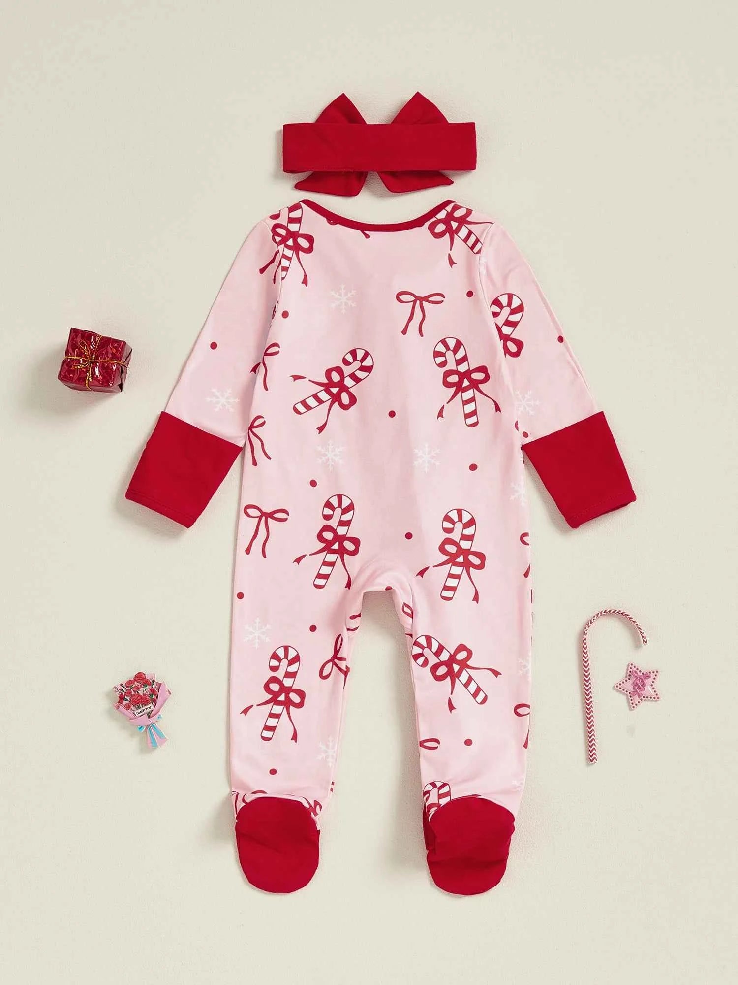 Newborn Baby Girl Christmas Romper – Bow Print Long Sleeve Zip-Up Footed Jumpsuit with Headband