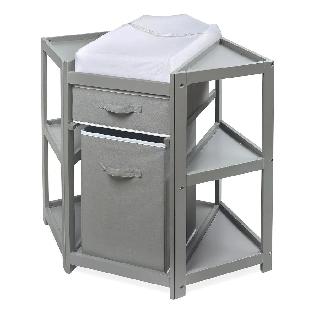Corner Baby Changing Table – Space-Saving Nursery Diaper Station with Storage Bin, Changing Pad & Safety Belt