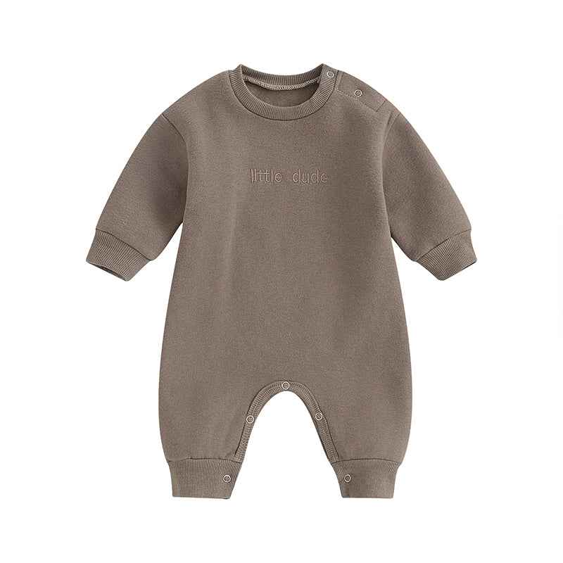 Baby Letter Embroidered "Little Dude" Jumpsuit – Long Sleeve Footless Romper (0–18M)