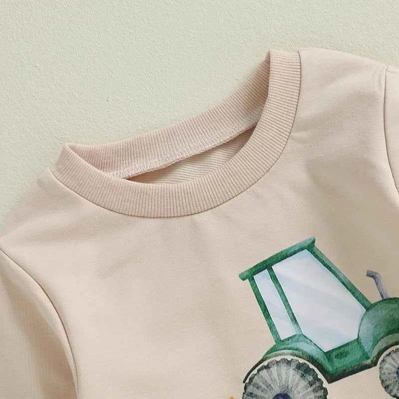 Boys 2PCS Outfit Set – Long Sleeve Letter Tractor Print Top and Solid Pants