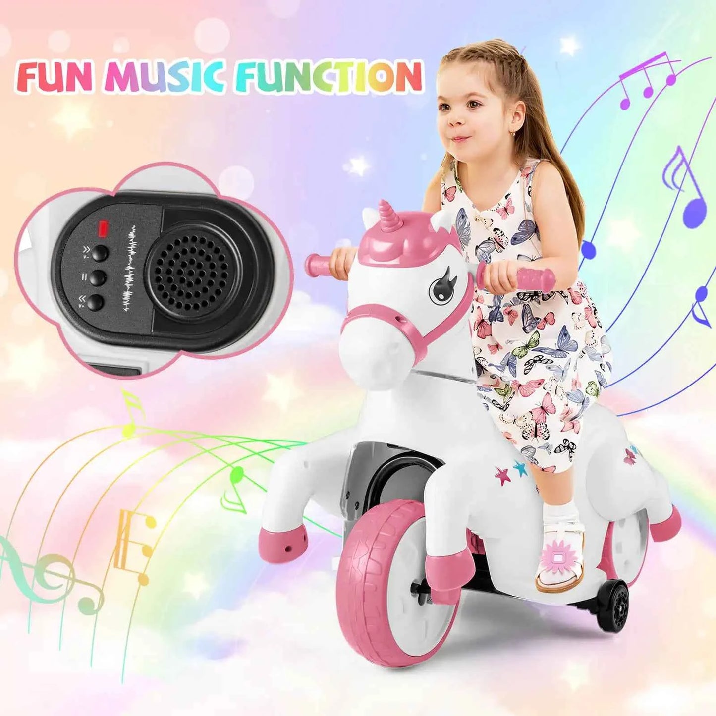 12V Kids Ride-On Unicorn Toy with Training Wheels, Music, and One-Button Start