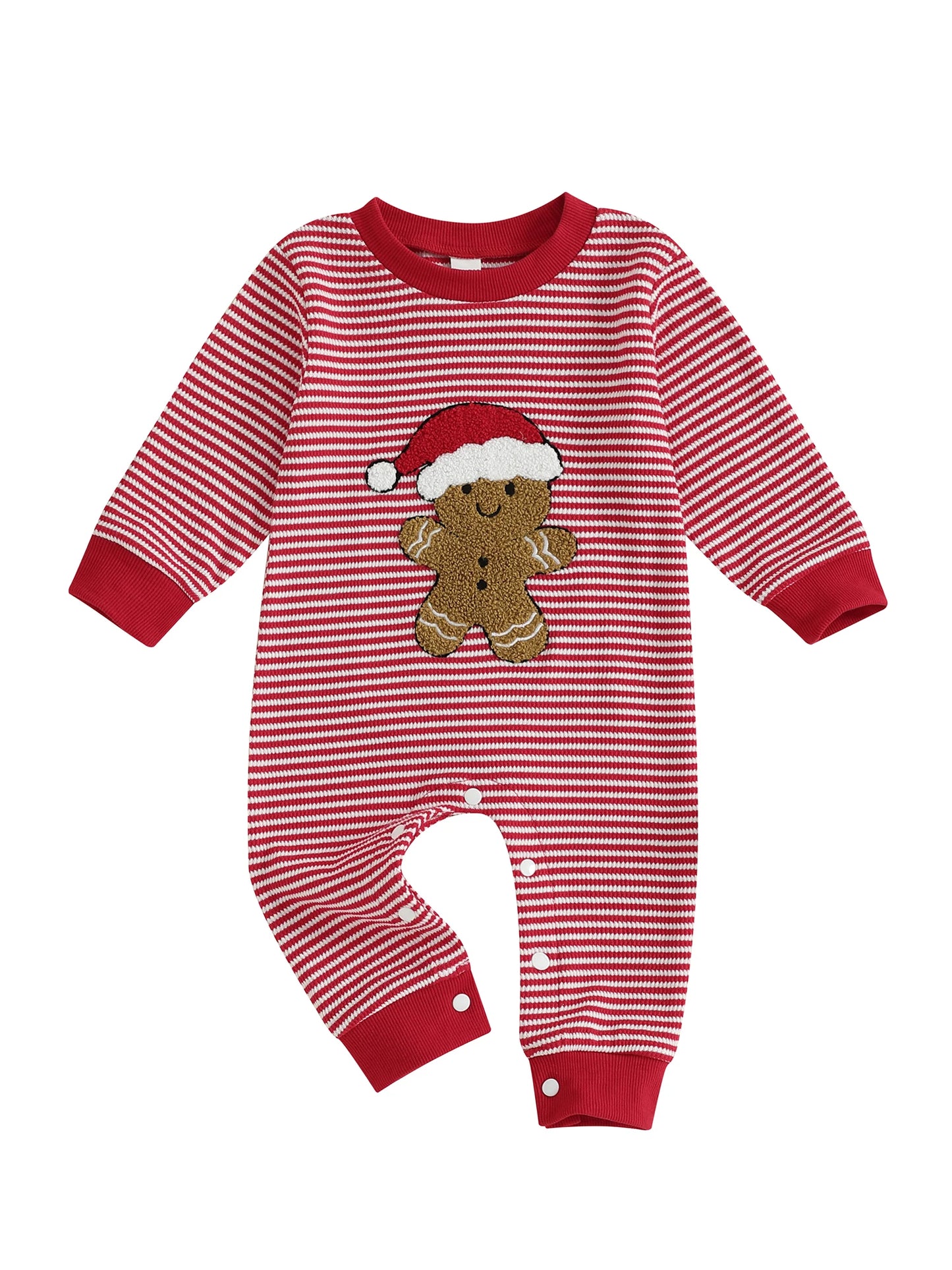 Christmas Jumpsuit – Gingerbread Man Embroidered Long Sleeve Striped Romper