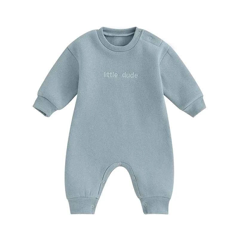 Baby Letter Embroidered "Little Dude" Jumpsuit – Long Sleeve Footless Romper (0–18M)