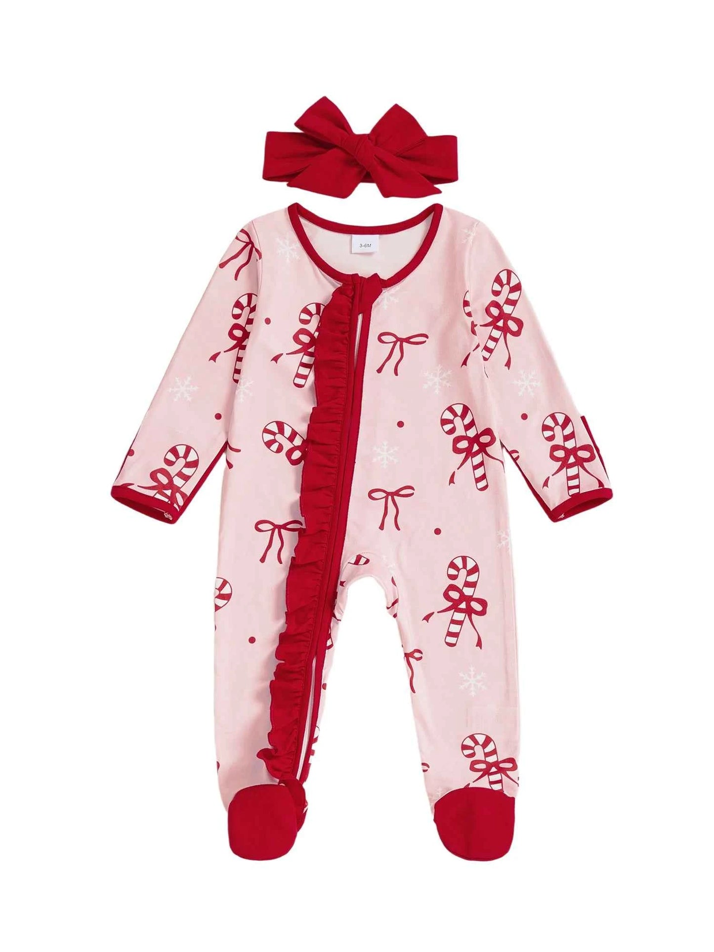Newborn Baby Girl Christmas Romper – Bow Print Long Sleeve Zip-Up Footed Jumpsuit with Headband