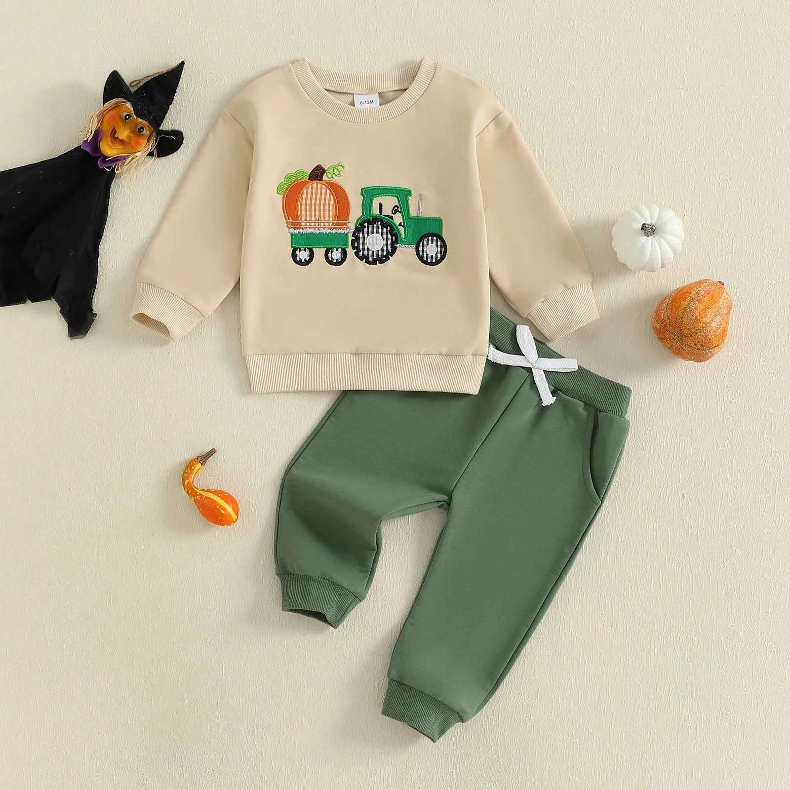 Pumpkin Turkey Tractor Embroidery Sweatshirt & Elastic Waist Pants Set
