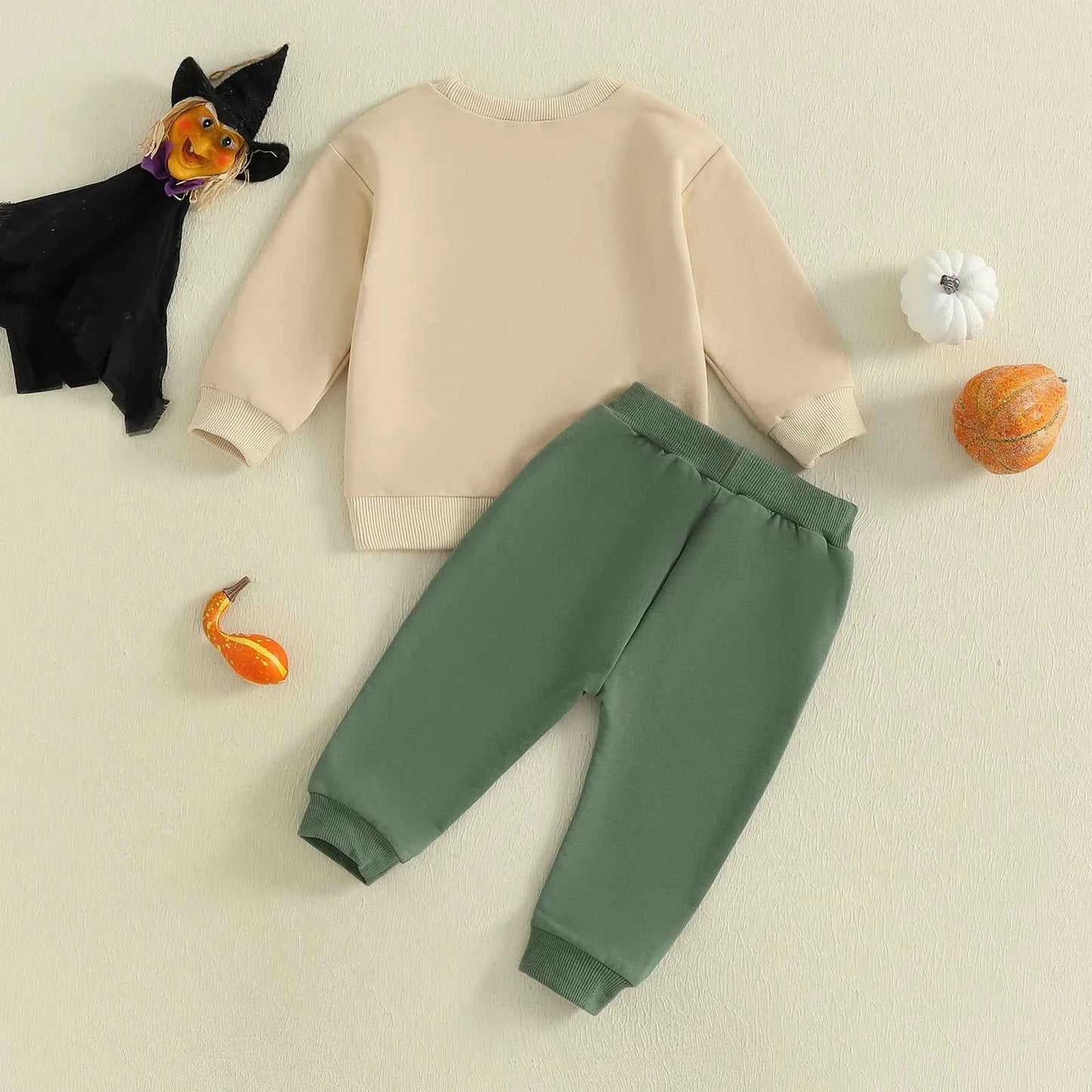 Pumpkin Turkey Tractor Embroidery Sweatshirt & Elastic Waist Pants Set