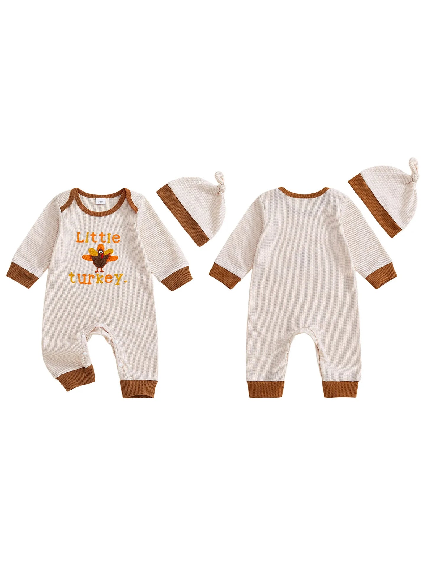 Thanksgiving Jumpsuit – Long Sleeve Round Neck Romper with Turkey Embroidery and Hat