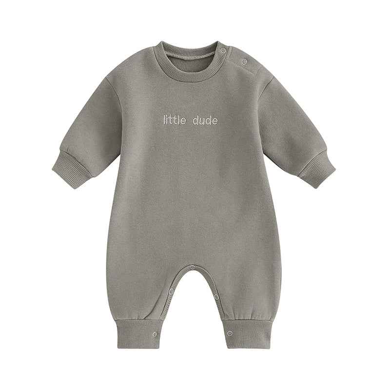 Baby Letter Embroidered "Little Dude" Jumpsuit – Long Sleeve Footless Romper (0–18M)