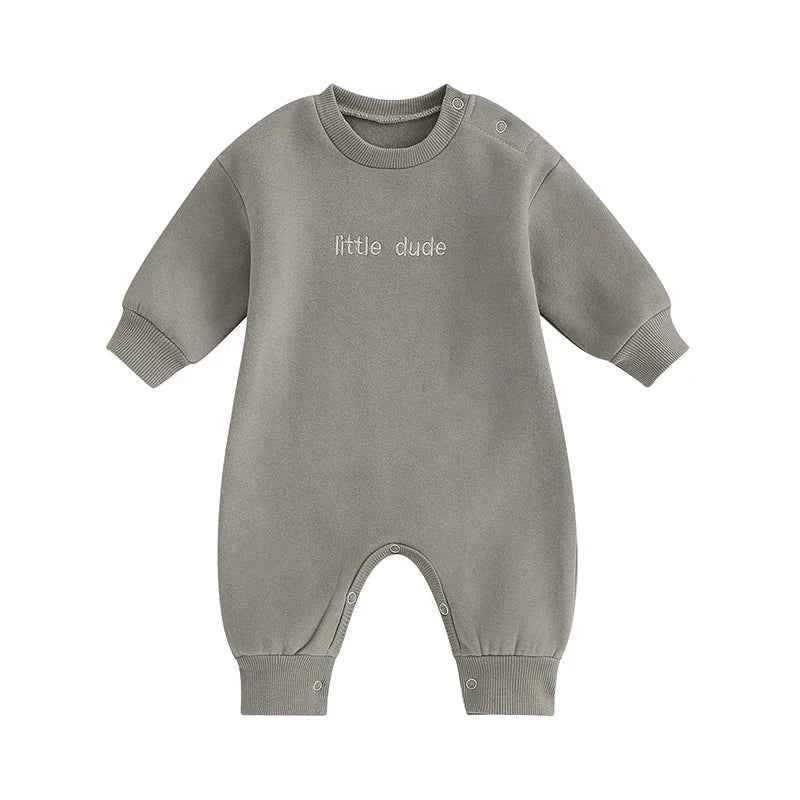 Baby Letter Embroidered "Little Dude" Jumpsuit – Long Sleeve Footless Romper (0–18M)