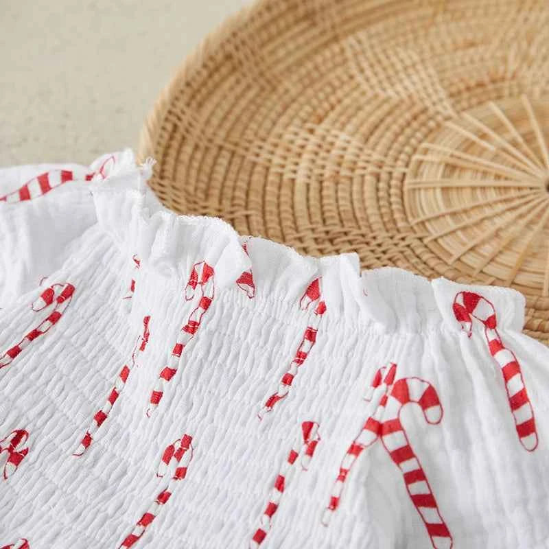 Baby Christmas Romper Set – Smocked Candy Cane Print Long Sleeve Bodysuit with Headband (2Pcs)