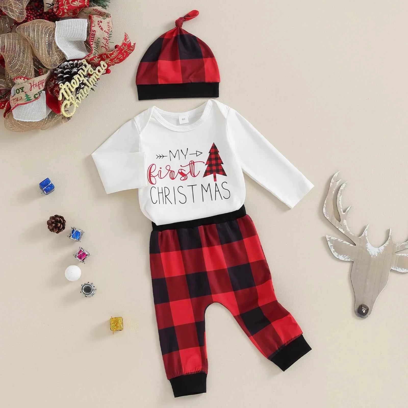 My First Christmas Baby Outfit – 3PCS Romper Set (0–12M)