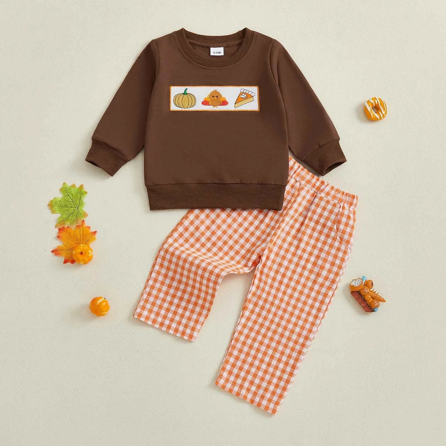 Thanksgiving Outfit – Pumpkin Turkey Sweatshirt & Plaid Elastic Waist Pants Set