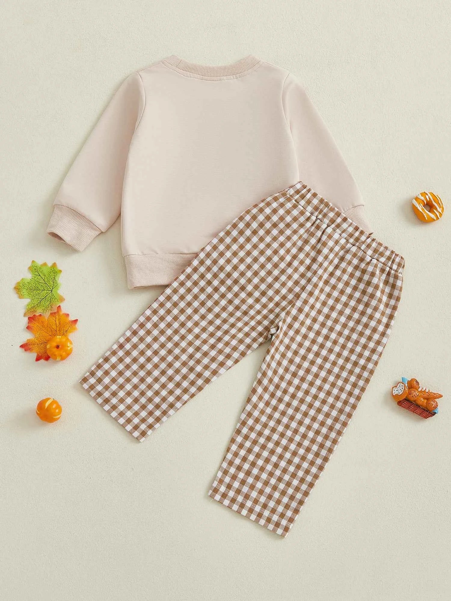 Thanksgiving Outfit – Pumpkin Turkey Sweatshirt & Plaid Elastic Waist Pants Set
