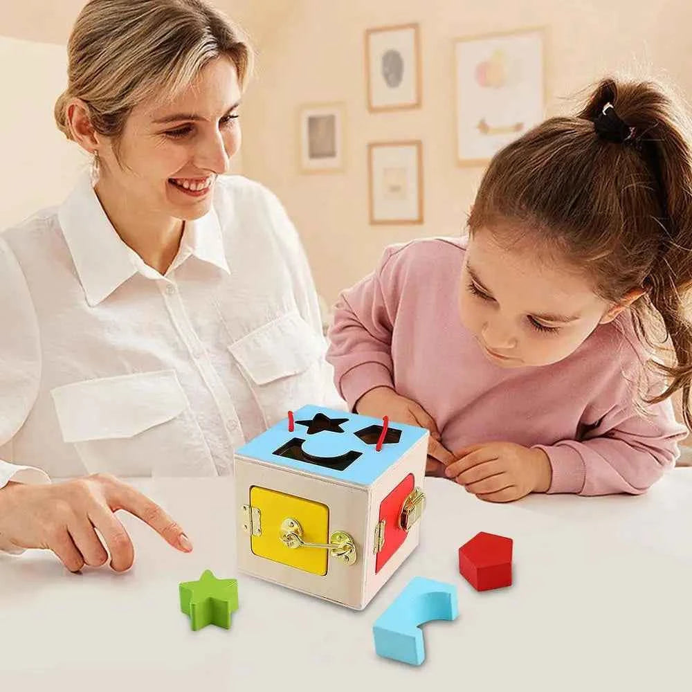 Wooden Geometry Lock Box Toy – Sensory Learning Activity Cube for Toddlers