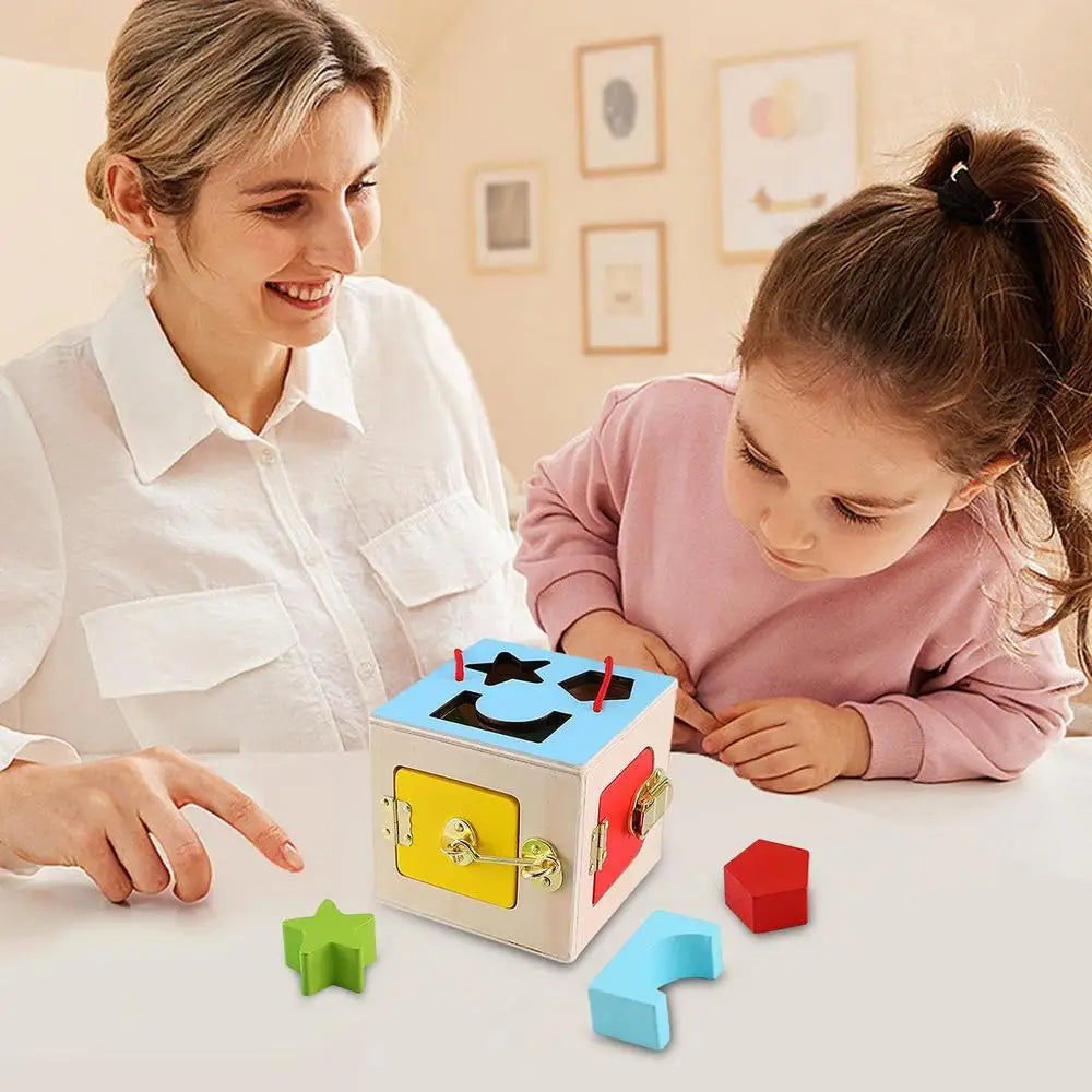Wooden Geometry Lock Box Toy – Sensory Learning Activity Cube for Toddlers