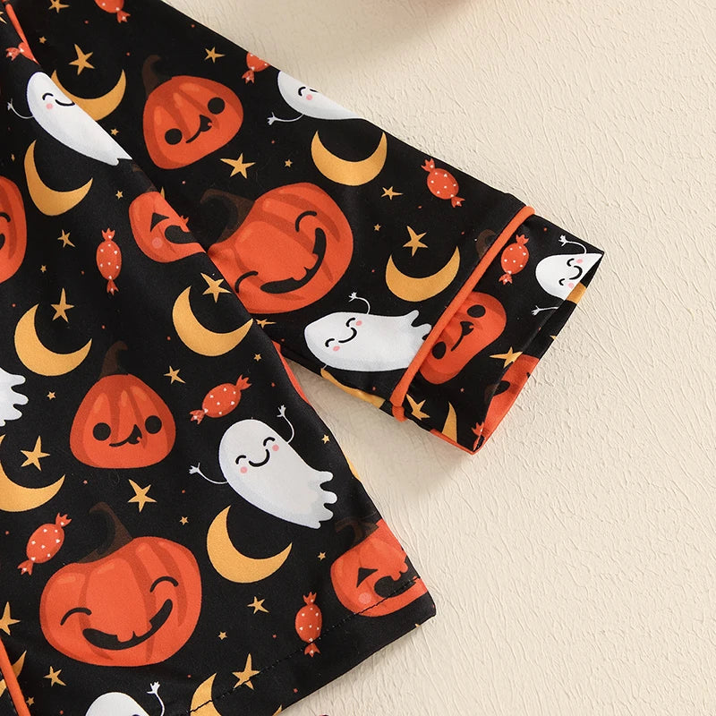 Kids Halloween Pajama Set – Pumpkin Ghost Print Button-Up Top and Pants (1–5T)