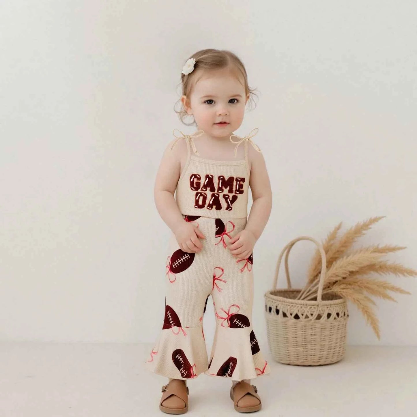 Baby Bell Bottom Jumpsuit – Sleeveless Tie-Up Strap Overalls with Letter Embroidery "Game Day" Print