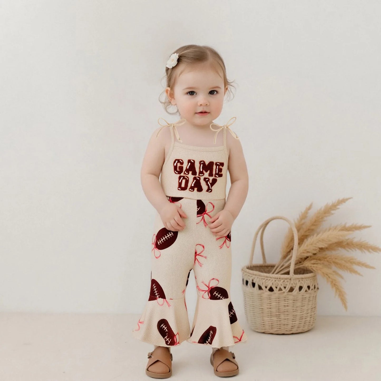 Baby Bell Bottom Jumpsuit – Sleeveless Tie-Up Strap Overalls with Letter Embroidery "Game Day" Print