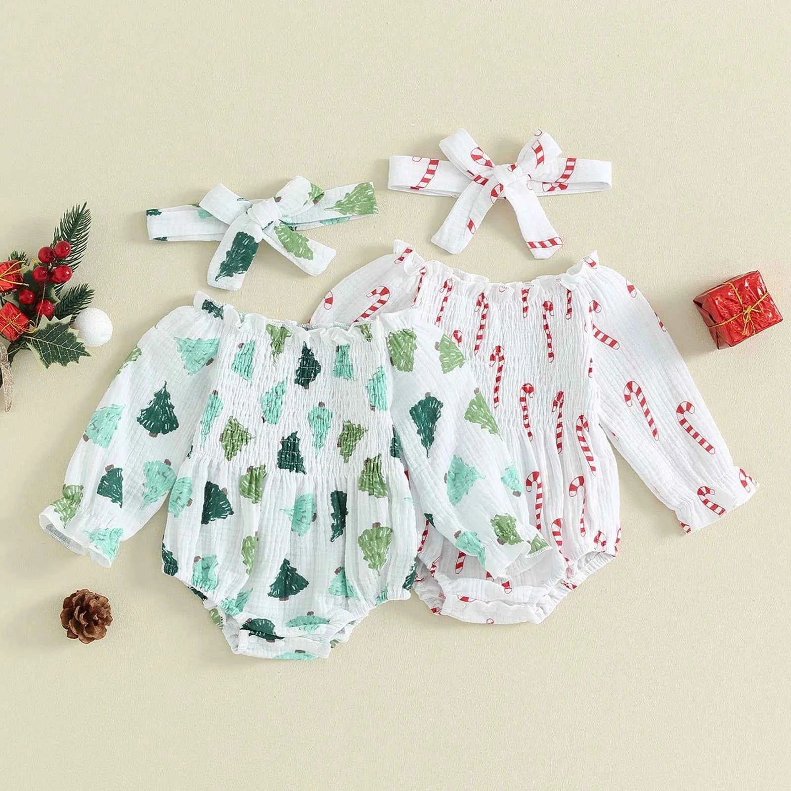 Baby Christmas Romper Set – Smocked Candy Cane Print Long Sleeve Bodysuit with Headband (2Pcs)