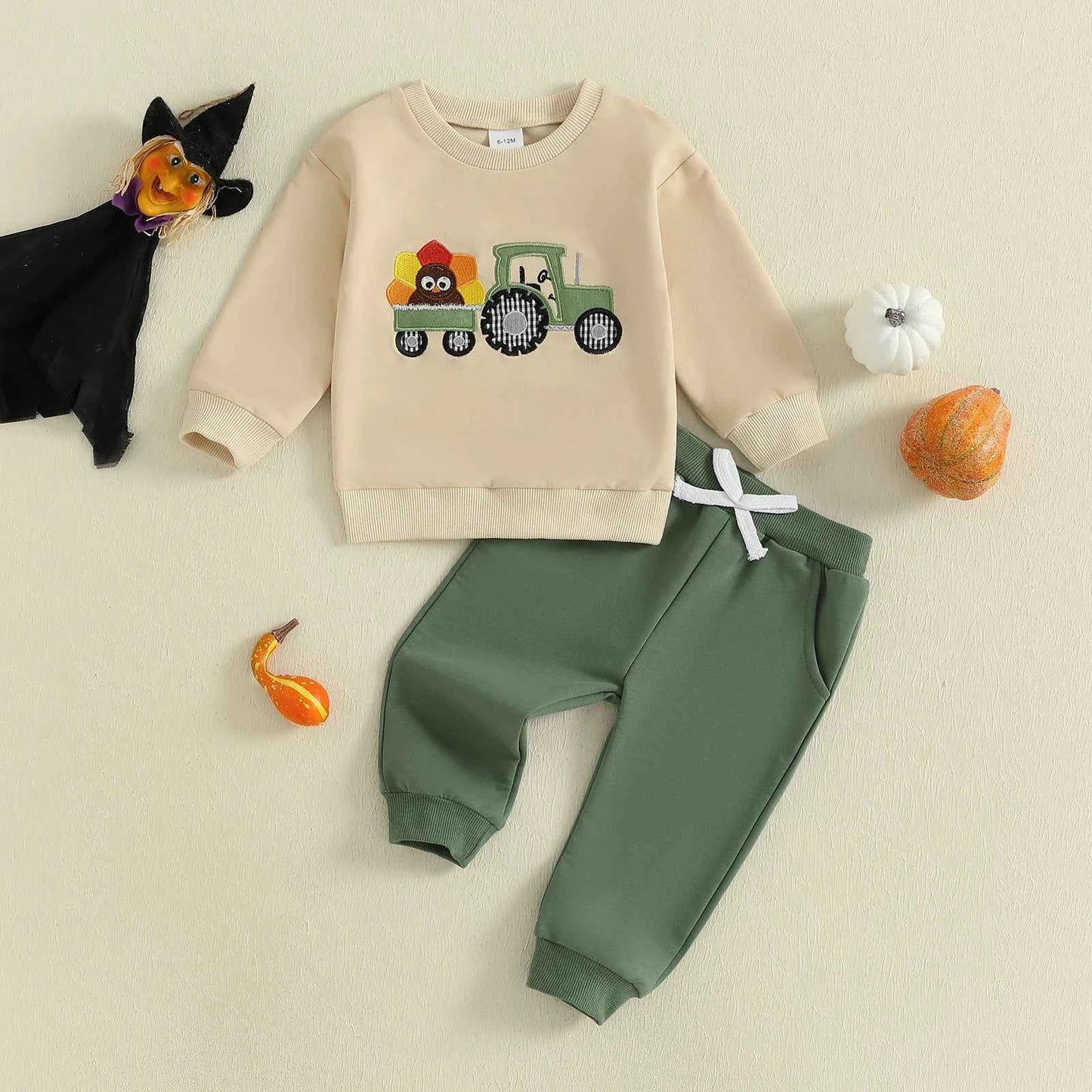 Pumpkin Turkey Tractor Embroidery Sweatshirt & Elastic Waist Pants Set