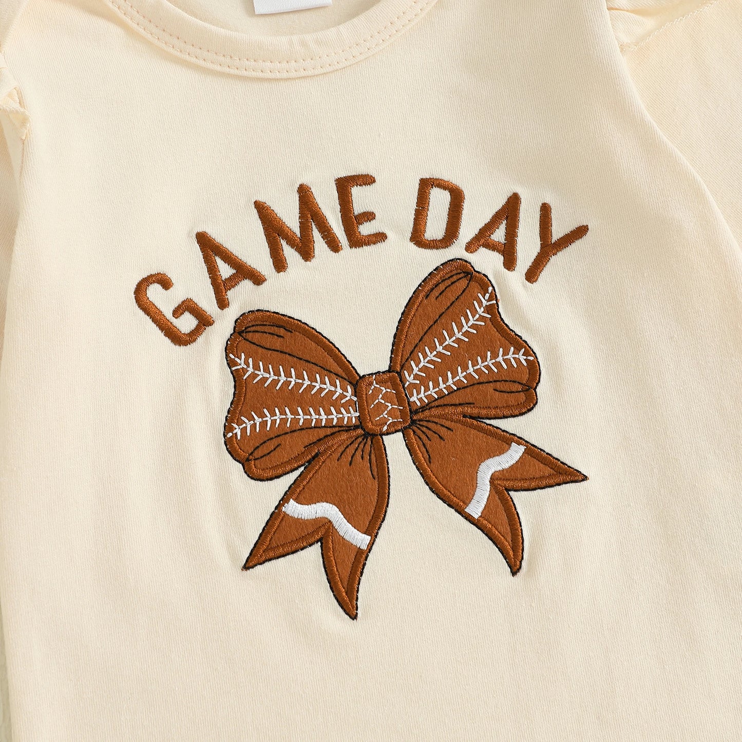 Baby Girls Fall Outfit – Football Print Long Sleeve Romper with Flared Pants and Headband 3-Piece Set