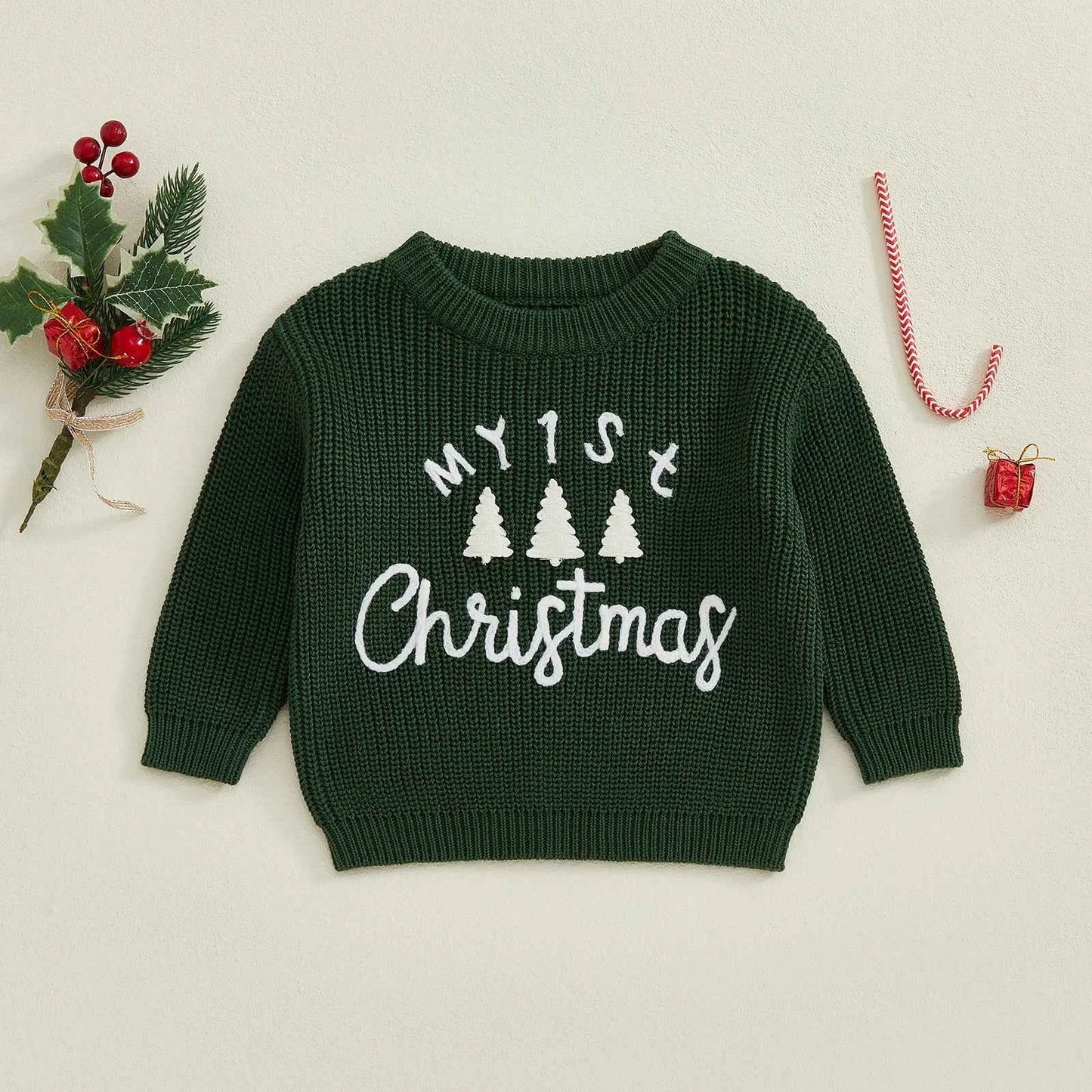 Toddler Baby Christmas Sweater – Long Sleeve Round Neck Letter & Tree Embroidered Top