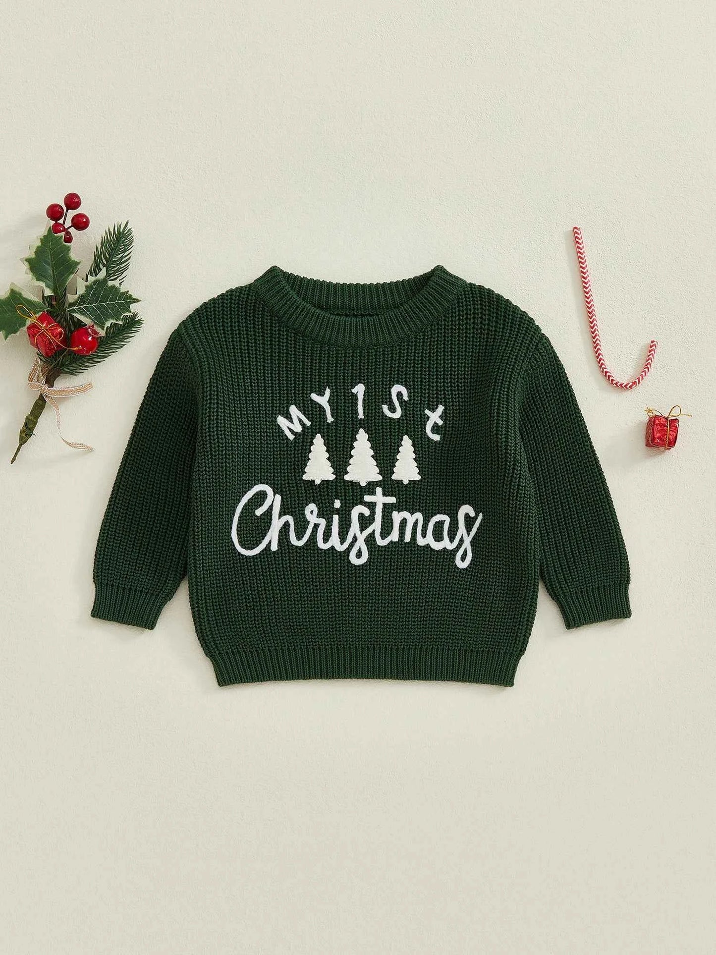 Toddler Baby Christmas Sweater – Long Sleeve Round Neck Letter & Tree Embroidered Top